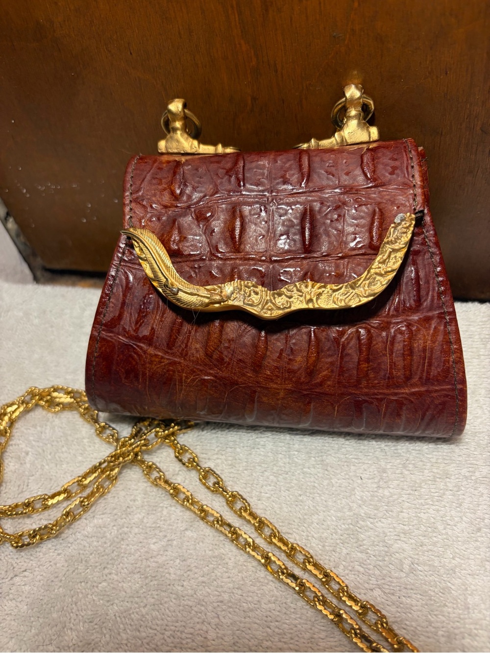Vintage-style Brown Croc Embossed Leather Micro  Shoulder Bag with Gold Hardware